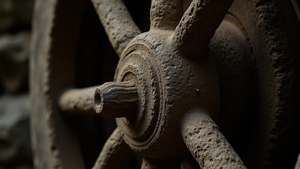 Close-up of traditional millstone with spiral grooves, worn texture from centuries of grain grinding