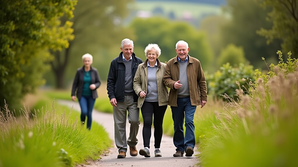 Group of pensioners enjoying guided heritage walk on scenic country pathway