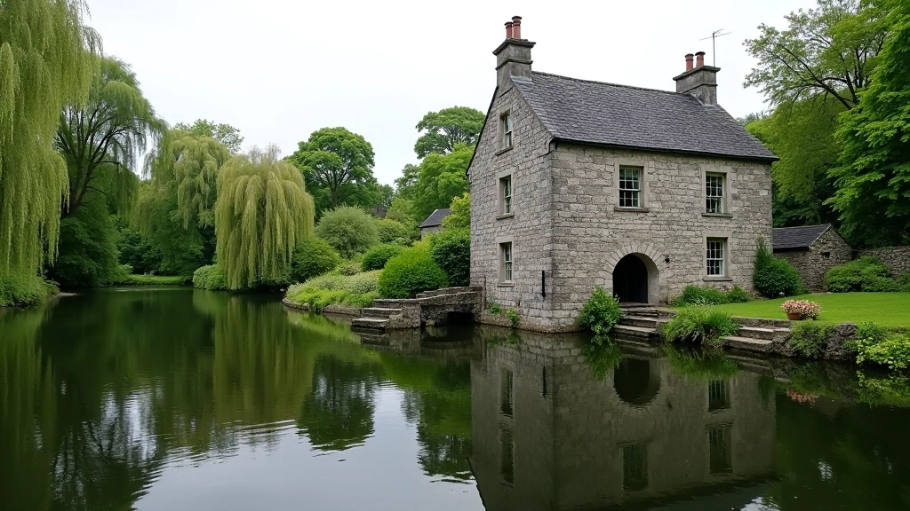 Peaceful millpond with water reflecting trees and historic stone mill building beside the water