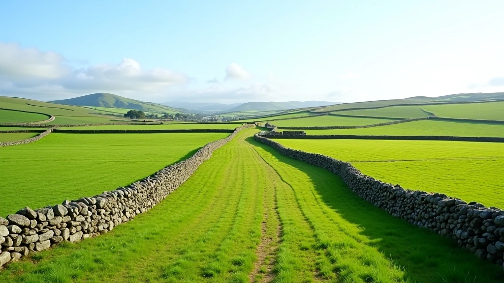 Panoramic view across rolling farmland with distant hills, green fields divided by stone walls