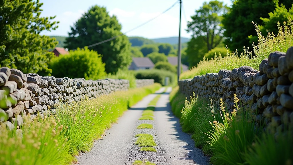 Winding narrow country lane bordered by traditional dry stone walls and green vegetation