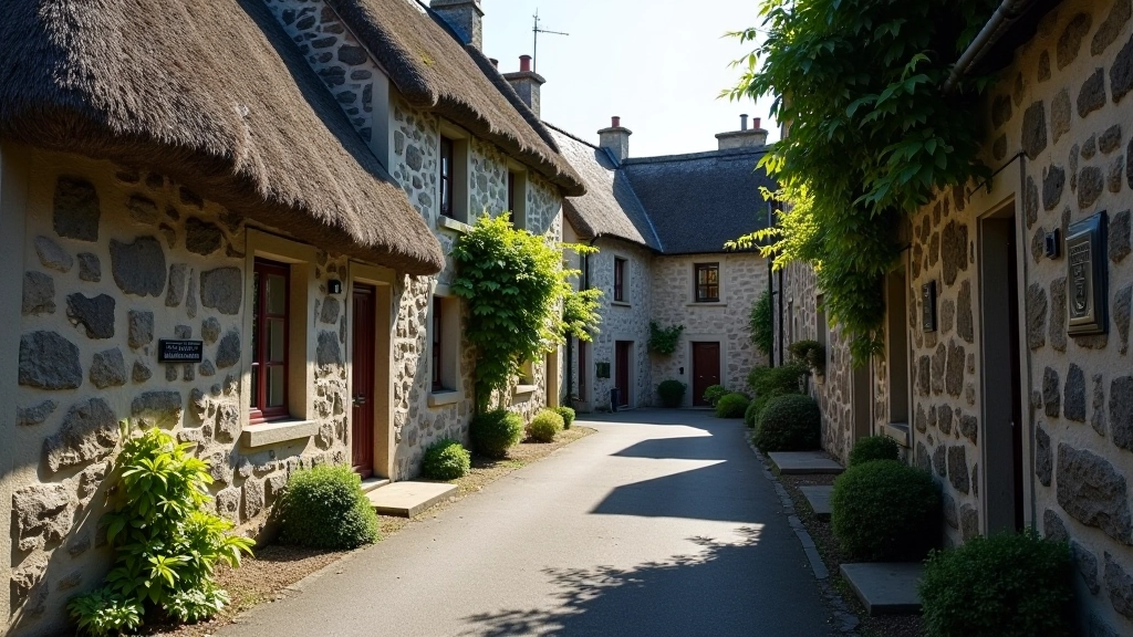 Historic stone buildings lining a narrow village street with weathered facades and traditional architecture