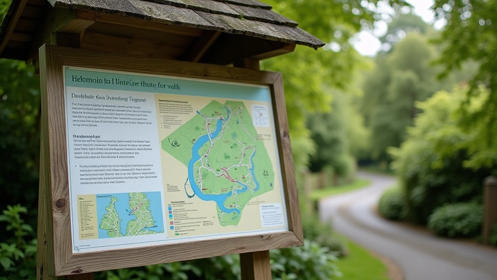 Visitor information board at village entrance with map, walking route details, and heritage information