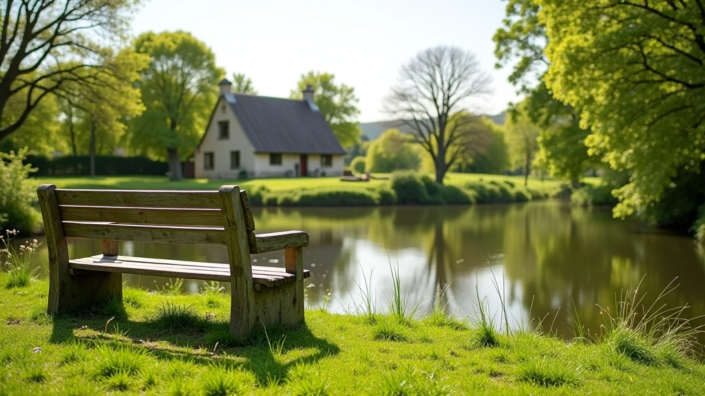 Wooden bench situated on grassy bank overlooking millpond with water reflections and trees in background