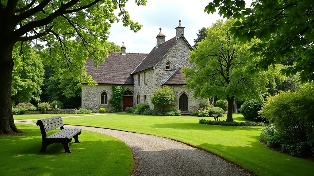 Village green with stone church, historic buildings, and well-maintained walking paths with benches
