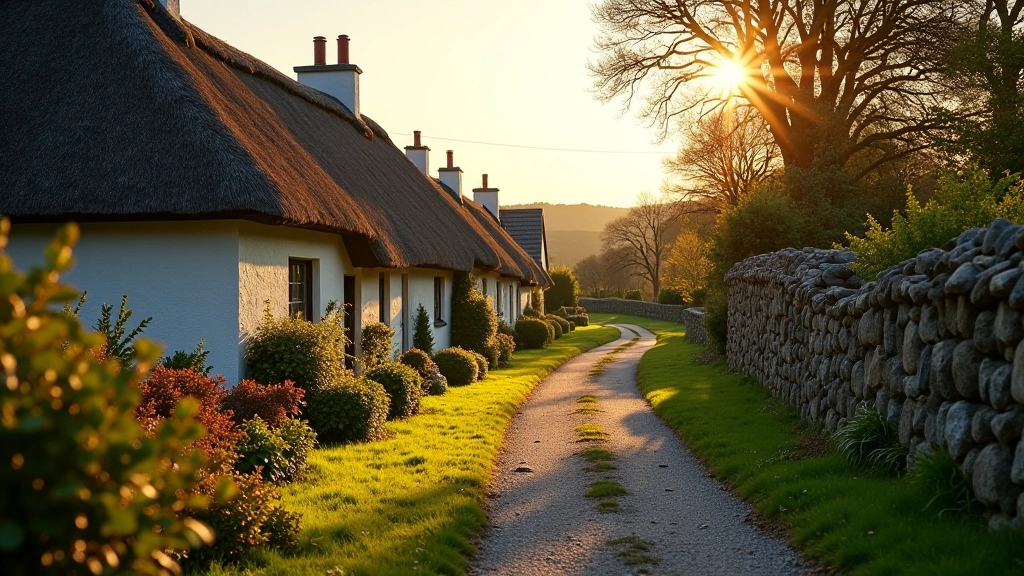 Traditional thatched cottage village pathway with heritage stone walls