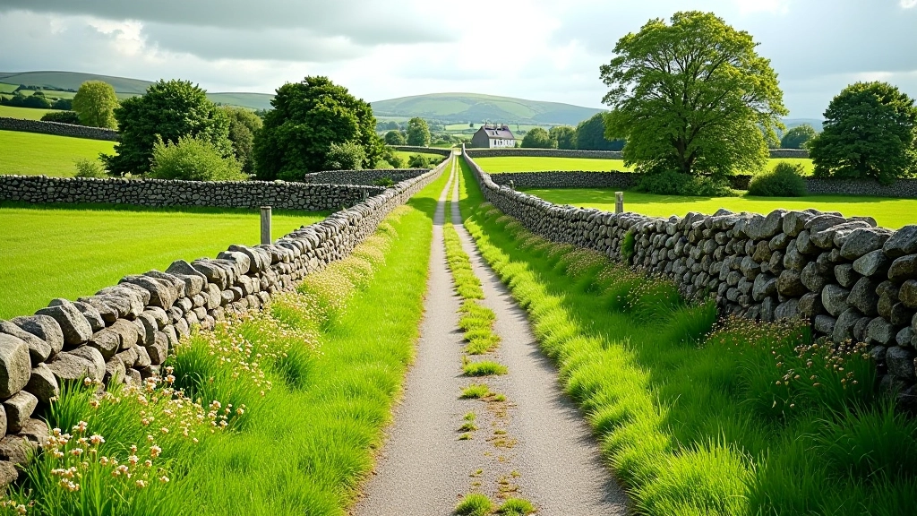 Stone walls and wildflowers along a narrow country lane in rural Ireland, with distant green hills