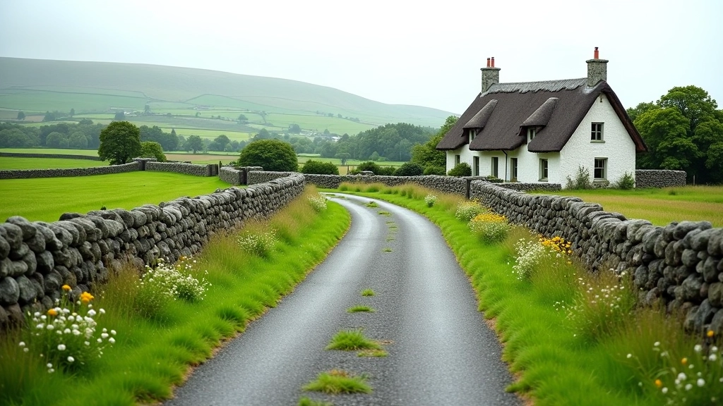 Scenic countryside lane lined with stone walls and wildflowers, old Irish landscape vista