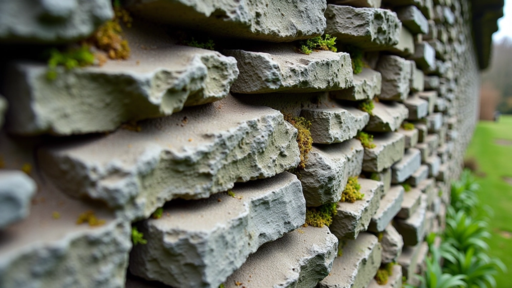 Stone wall detail showing weathered limestone blocks with moss and lichen growth