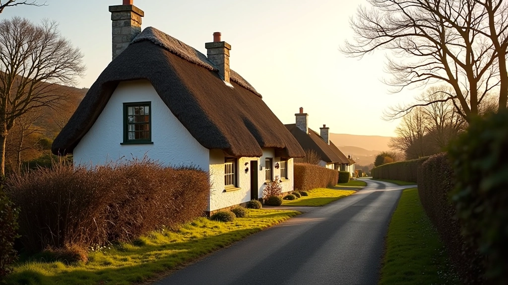 Thatched cottages along a country lane