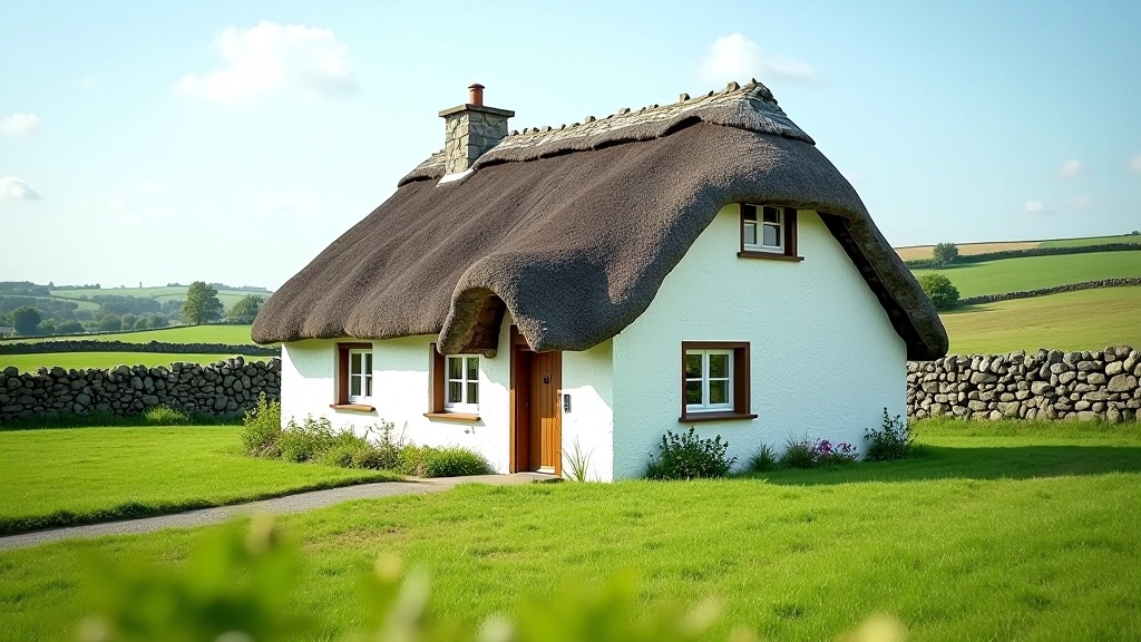Thatched cottage with whitewashed walls and stone chimney in rural Galway village setting