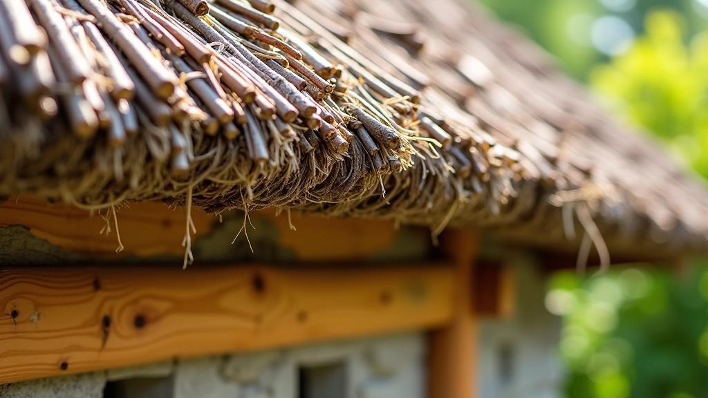 Close-up detail of traditional thatched roof with straw binding and wooden framework visible