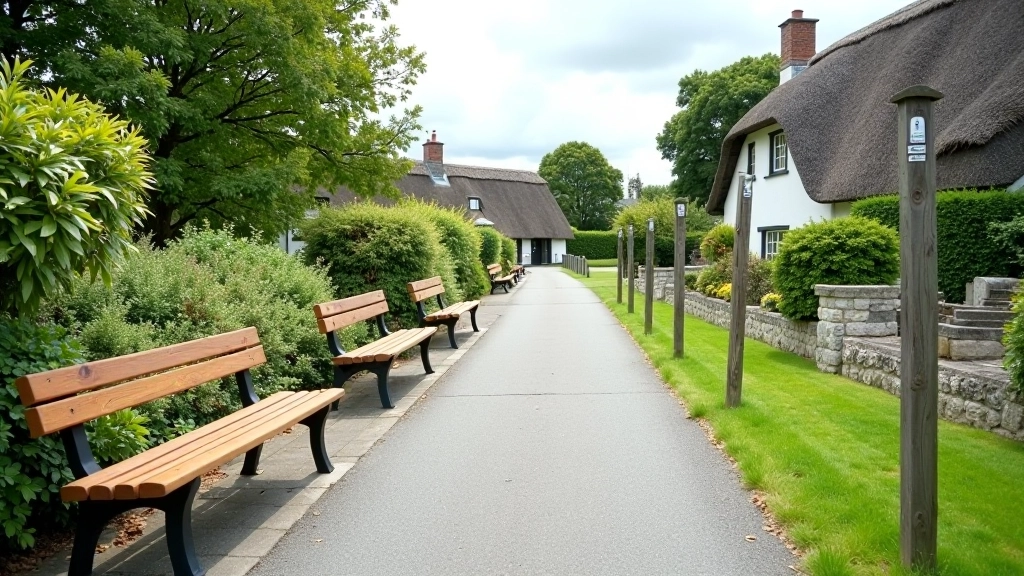 Accessible village pathway with smooth surface, rest benches, and clear directional signage for walking routes
