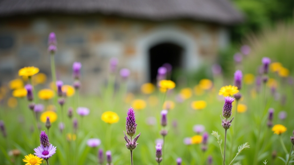 Close-up of wildflower meadow alongside stone wall with purple and yellow blooms