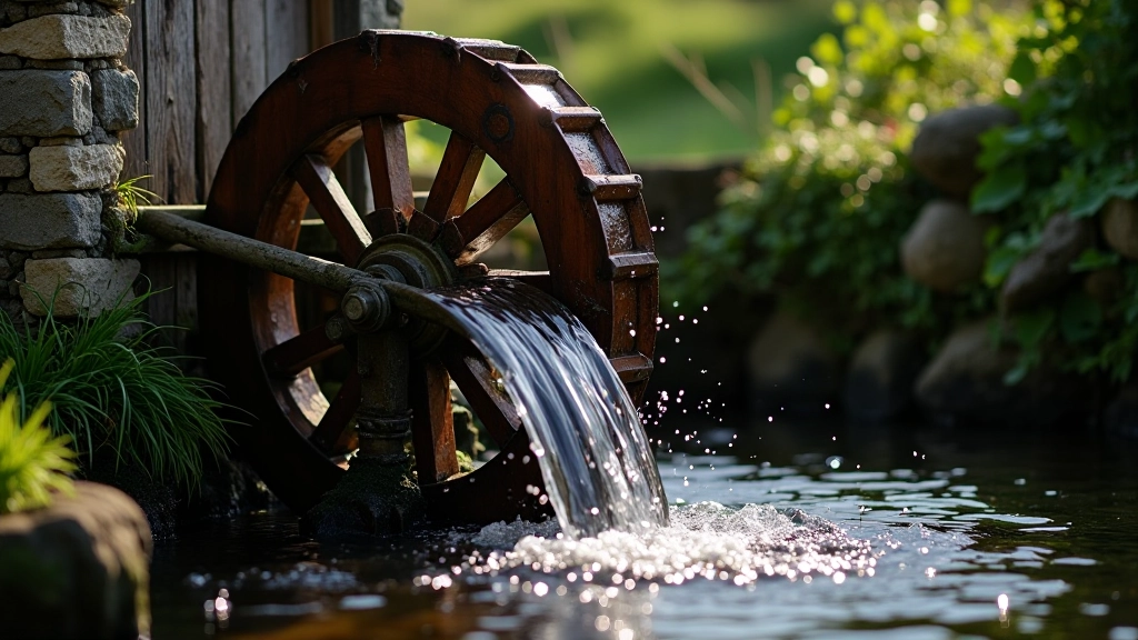 Water flowing over wooden mill wheel with cascading droplets and splashing, sunlight catching the water movement
